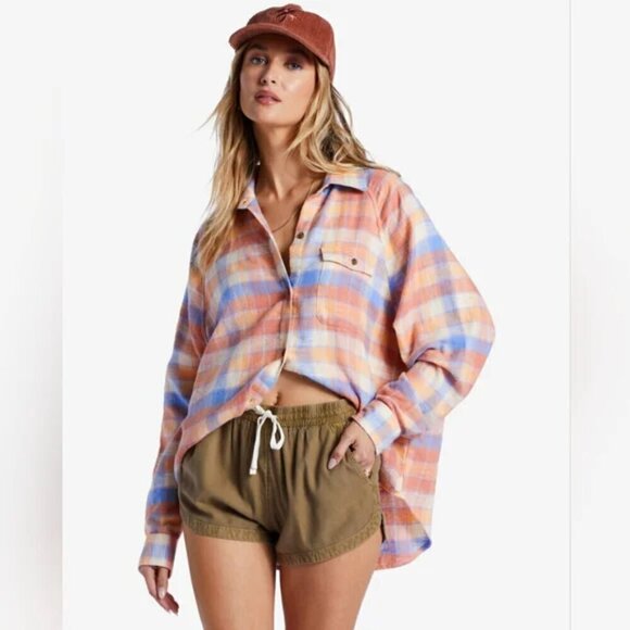 Billabong Tops - NWT Billabong Best Time Oversized Blue Plaid Button Up Shirt